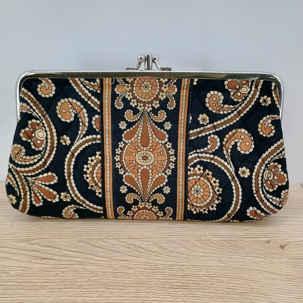 Vera Bradley Cafe Latte Quilted Kisslock Frame Clutch Wallet Paisley Black Tan - Picture 2 of 15